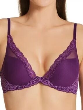 Natori Feathers Bra 32C Royal Purple Plum Lace Underwire Contour